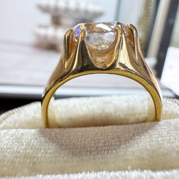 Retro Unisex Solitaire Gold Plated Ring Large Stone Wide Band Size 8.5 - Picture 10 of 11